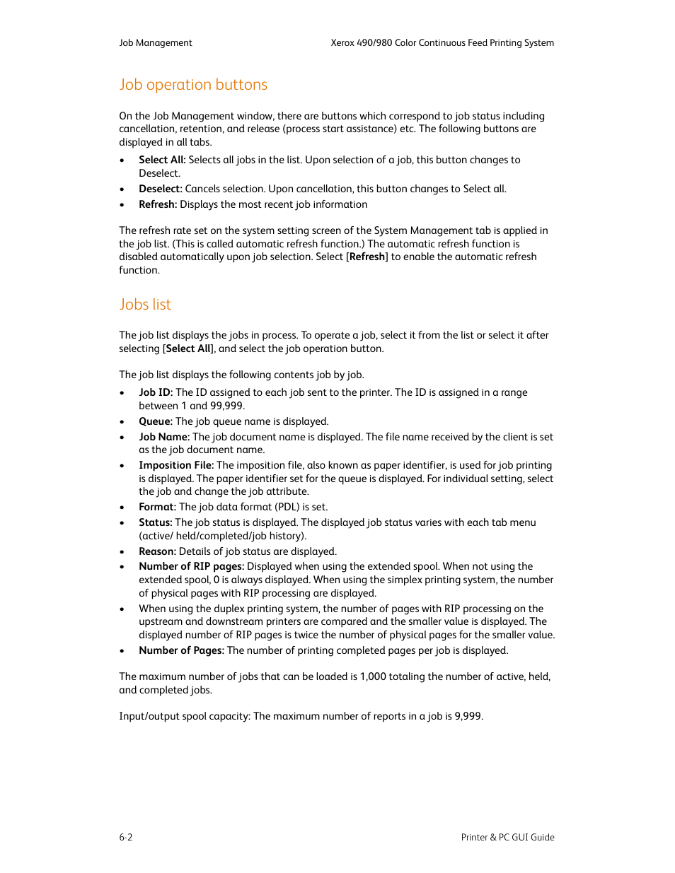 Job operation buttons, Jobs list, Job operation buttons -2 jobs list -2 | Xerox 490 User Manual | Page 50 / 262