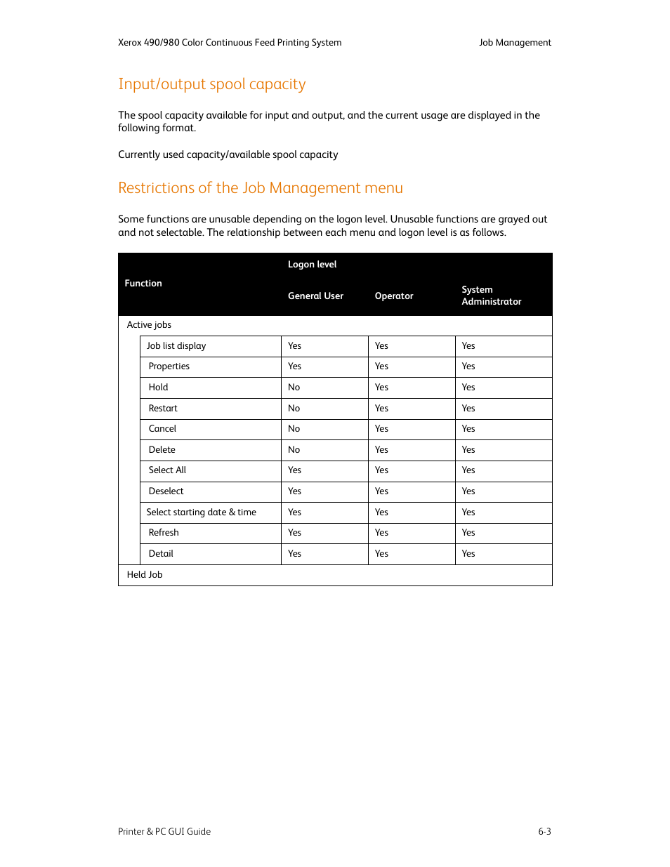 Input/output spool capacity, Restrictions of the job management menu | Xerox 490 User Manual | Page 51 / 262