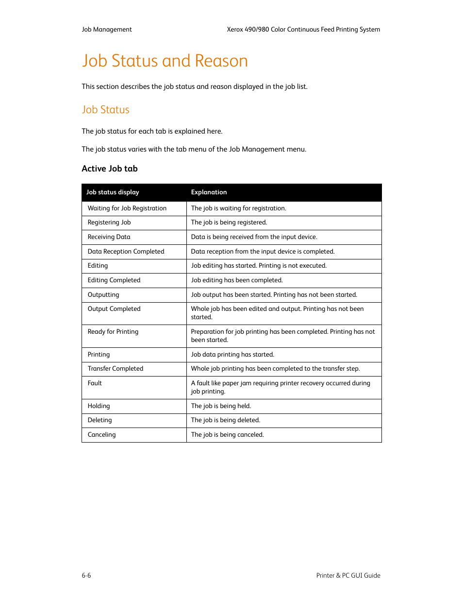 Job status and reason, Job status, Job status and reason -6 | Job status -6, Active job tab -6 | Xerox 490 User Manual | Page 54 / 262