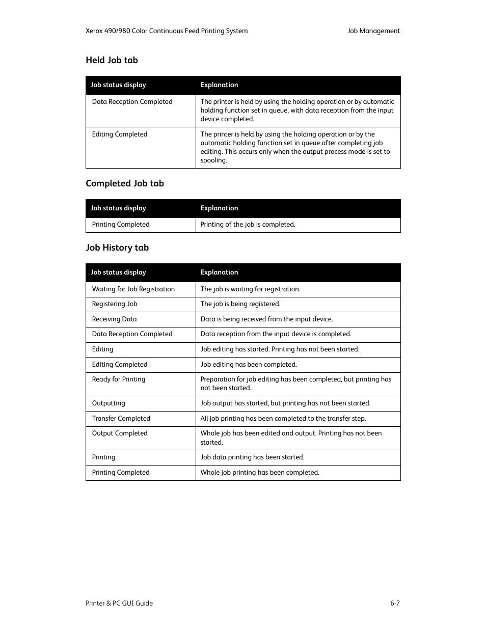 Held job tab completed job tab job history tab | Xerox 490 User Manual | Page 55 / 262