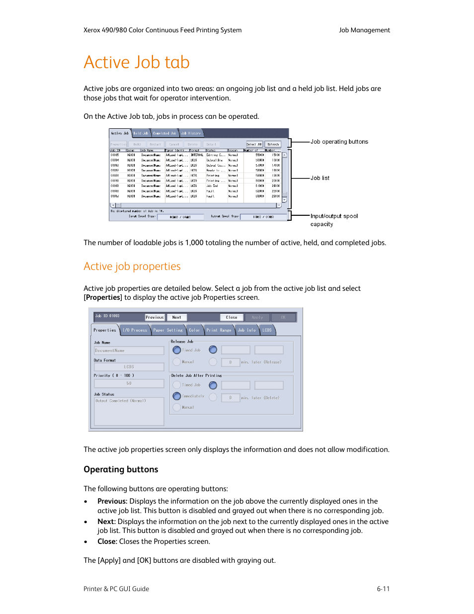 Active job tab, Active job properties, Active job tab -11 | Active job properties -11, Operating buttons -11 | Xerox 490 User Manual | Page 59 / 262