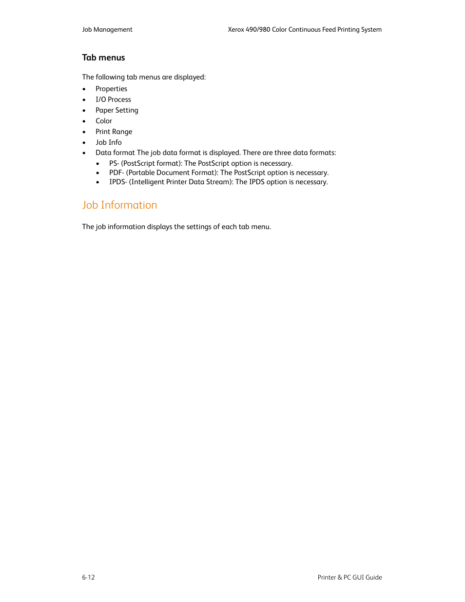 Job information, Tab menus -12, Job information -12 | Xerox 490 User Manual | Page 60 / 262