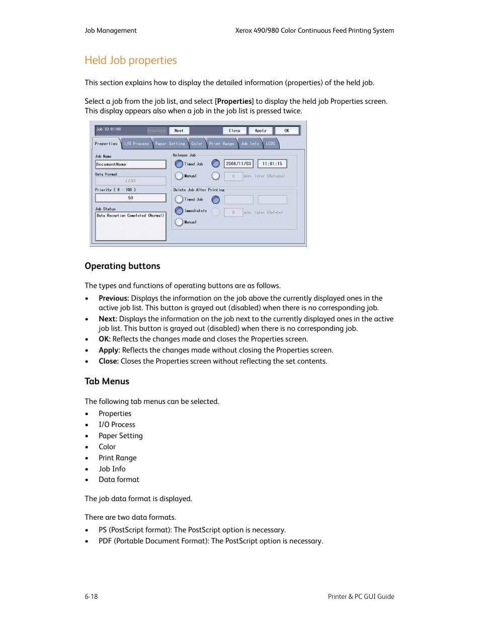 Held job properties, Held job properties -18, Operating buttons -18 tab menus -18 | Xerox 490 User Manual | Page 66 / 262