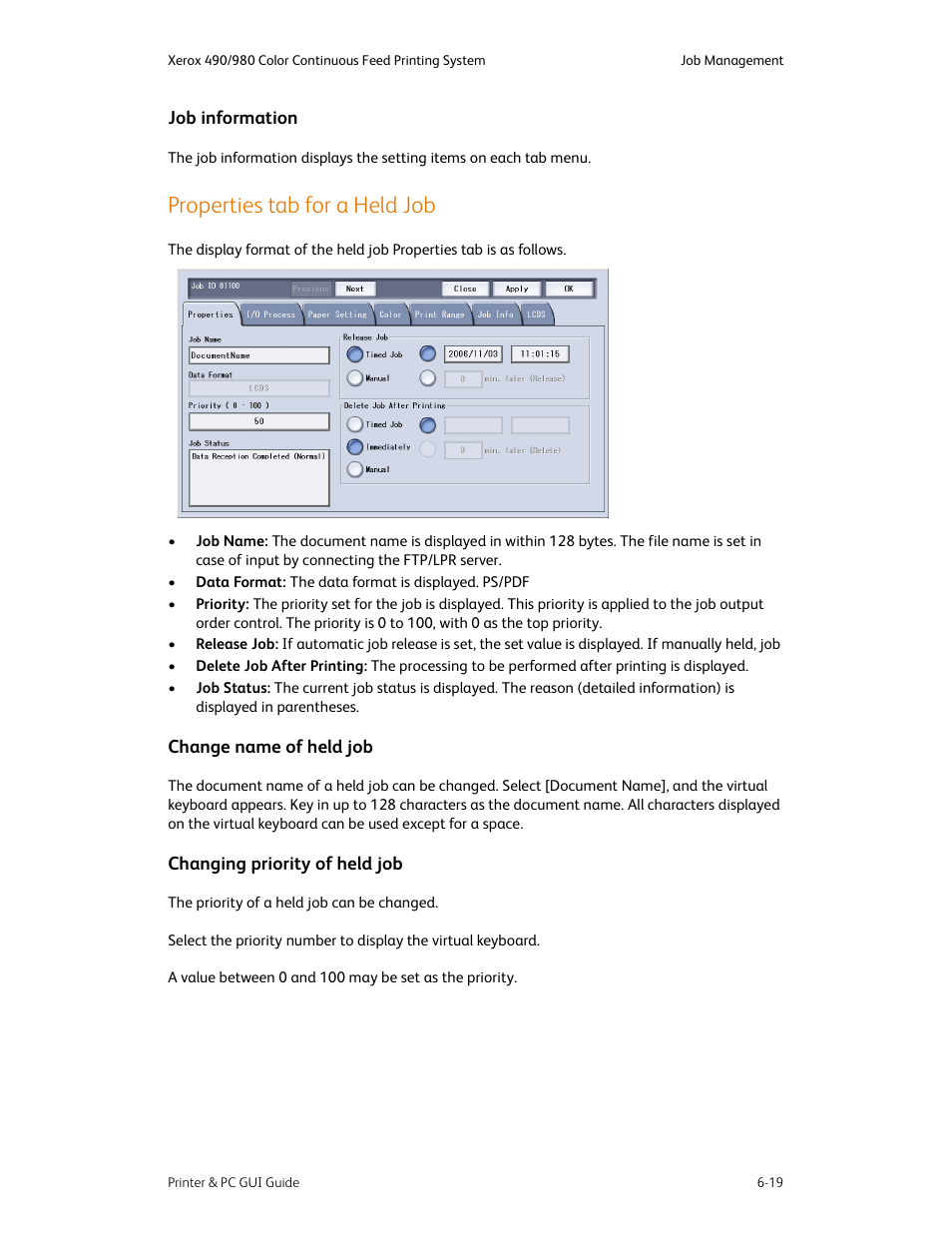 Properties tab for a held job, Job information -19, Properties tab for a held job -19 | Xerox 490 User Manual | Page 67 / 262