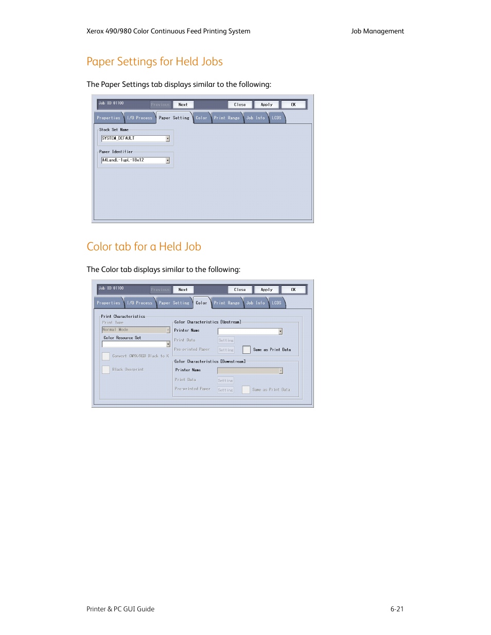 Paper settings for held jobs, Color tab for a held job | Xerox 490 User Manual | Page 69 / 262
