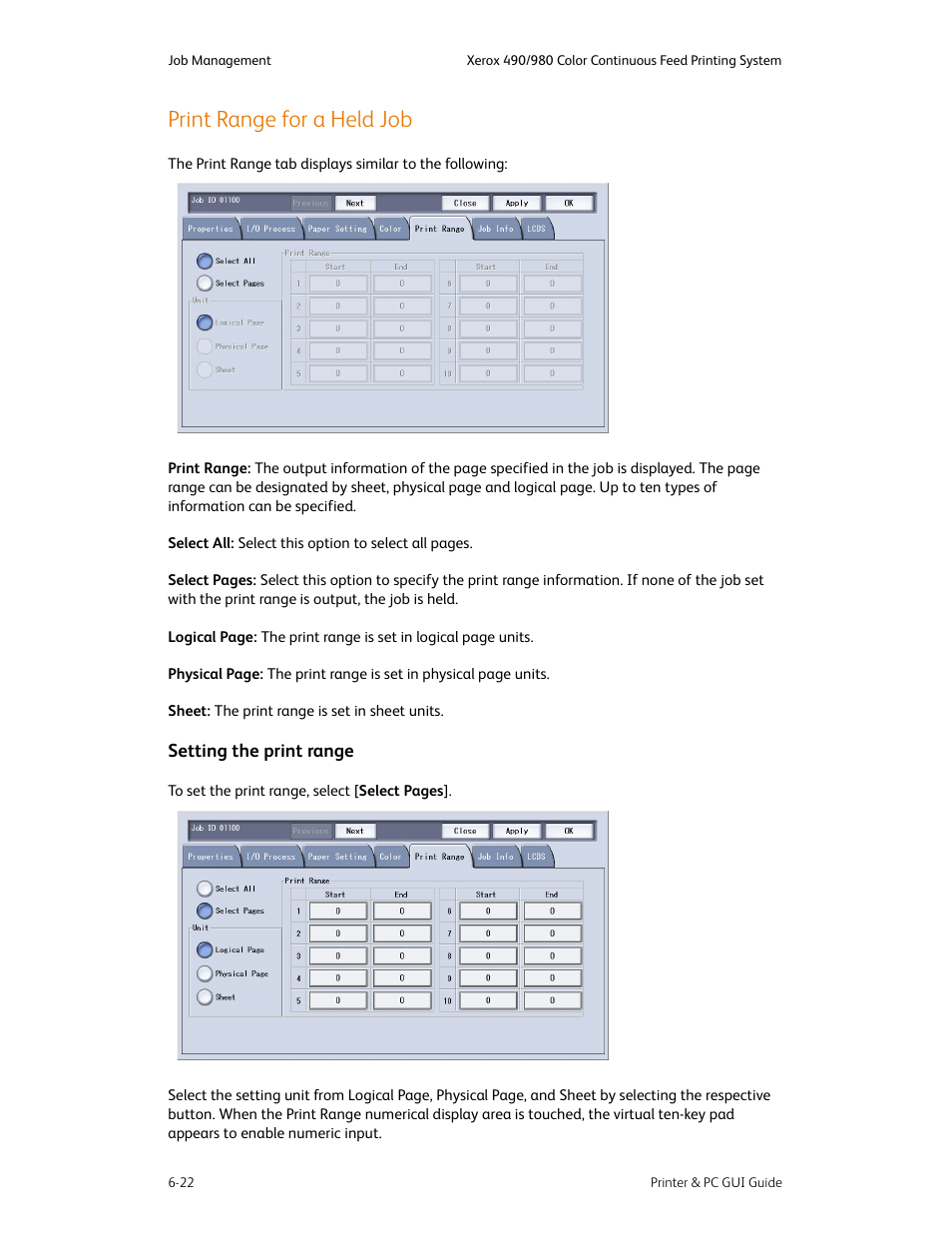 Print range for a held job, Print range for a held job -22, Setting the print range -22 | Xerox 490 User Manual | Page 70 / 262