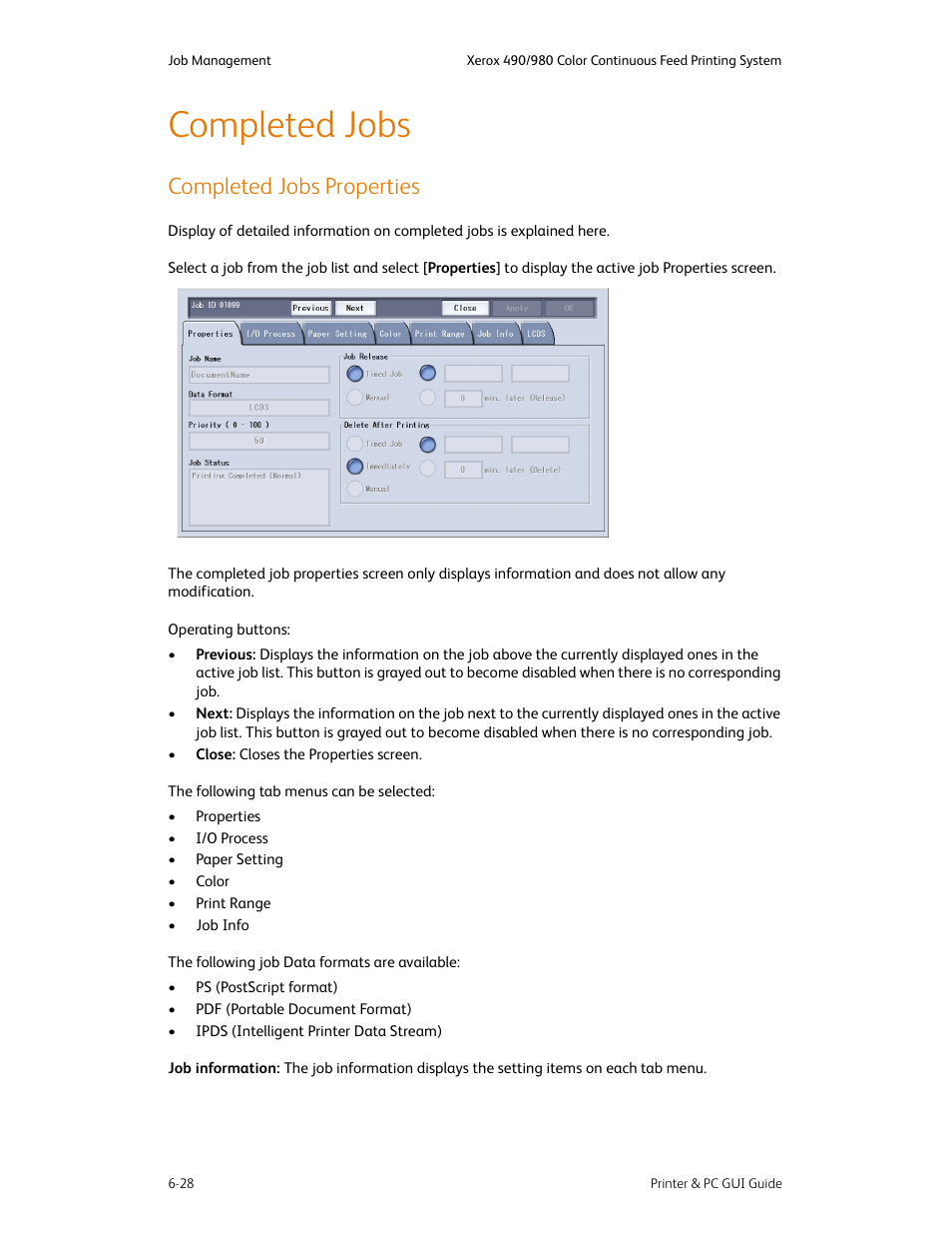 Completed jobs, Completed jobs properties, Completed jobs -28 | Completed jobs properties -28 | Xerox 490 User Manual | Page 76 / 262