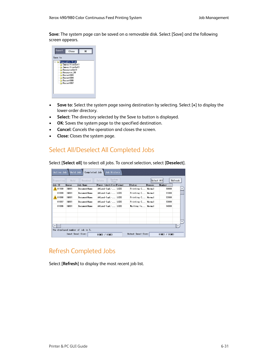 Select all/deselect all completed jobs, Refresh completed jobs | Xerox 490 User Manual | Page 79 / 262
