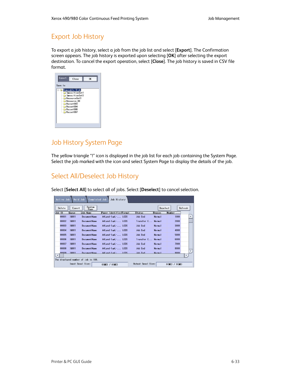 Export job history, Select all/deselect job history, Export job history -33 | Job history system page | Xerox 490 User Manual | Page 81 / 262