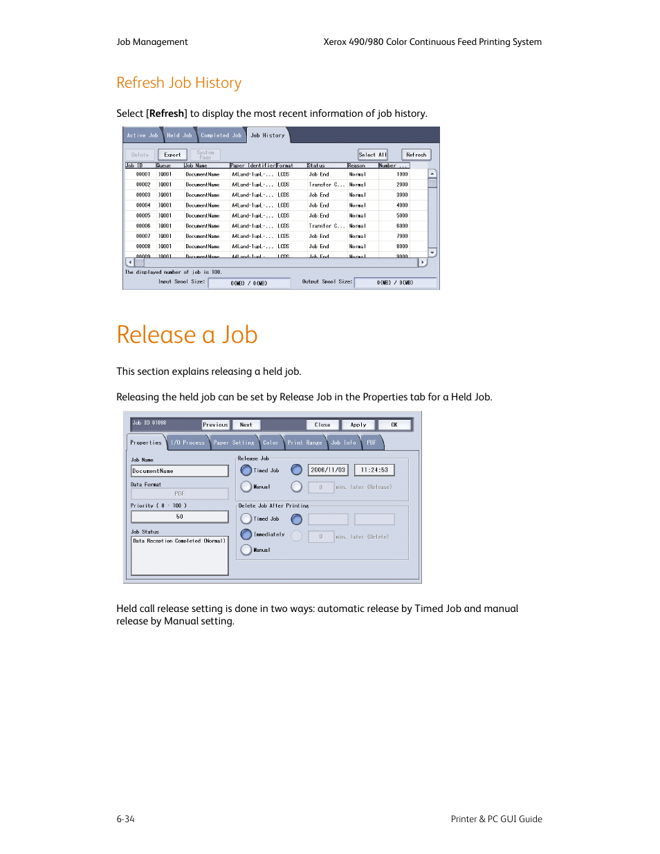 Refresh job history, Release a job, Refresh job history -34 | Release a job -34 | Xerox 490 User Manual | Page 82 / 262