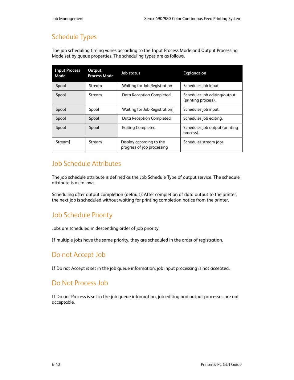 Schedule types, Job schedule attributes, Job schedule priority | Do not accept job, Do not process job | Xerox 490 User Manual | Page 88 / 262