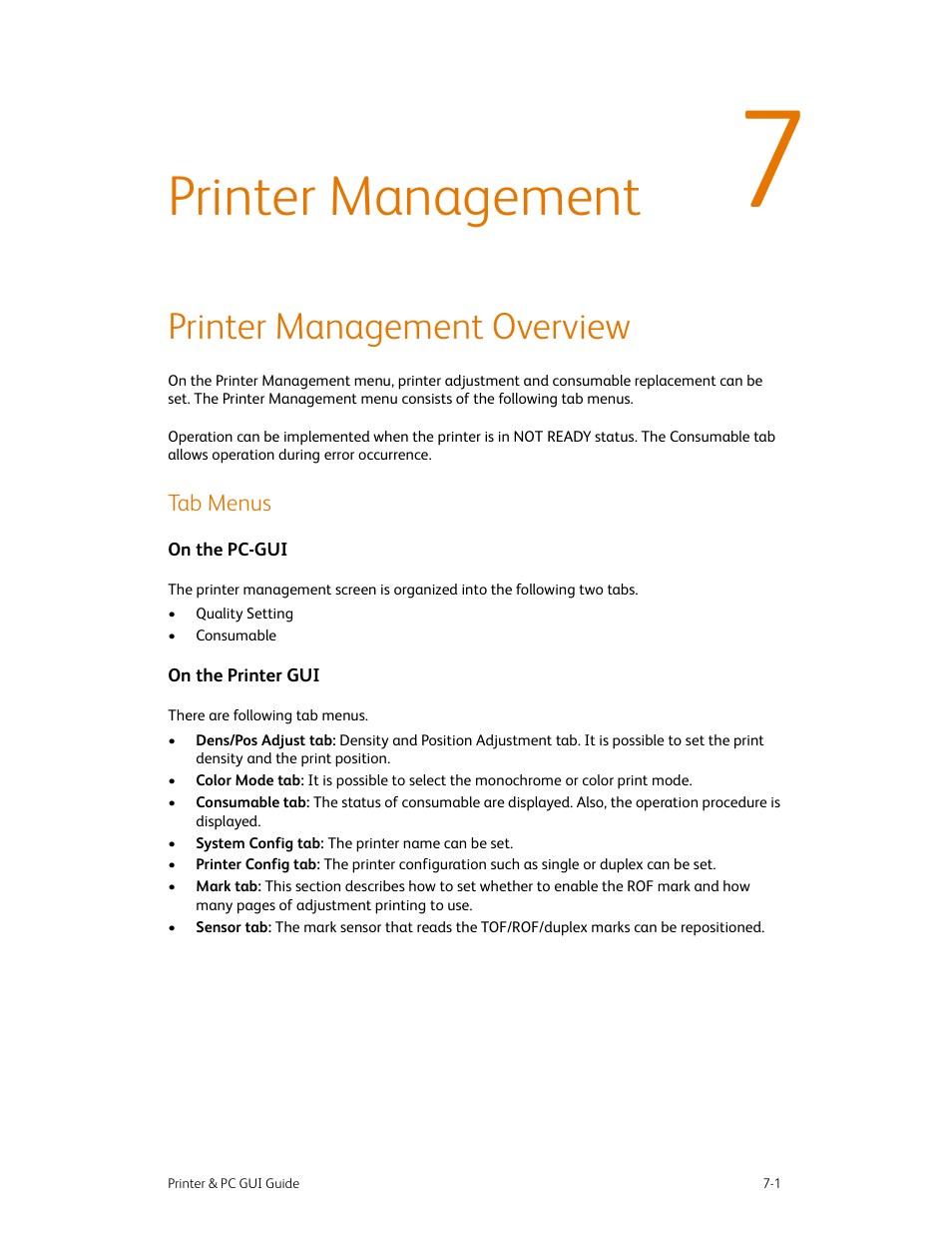 Printer management, Printer management overview, Tab menus | Printer management -1, Printer management overview -1, Tab menus -1, On the pc-gui -1 on the printer gui -1 | Xerox 490 User Manual | Page 91 / 262