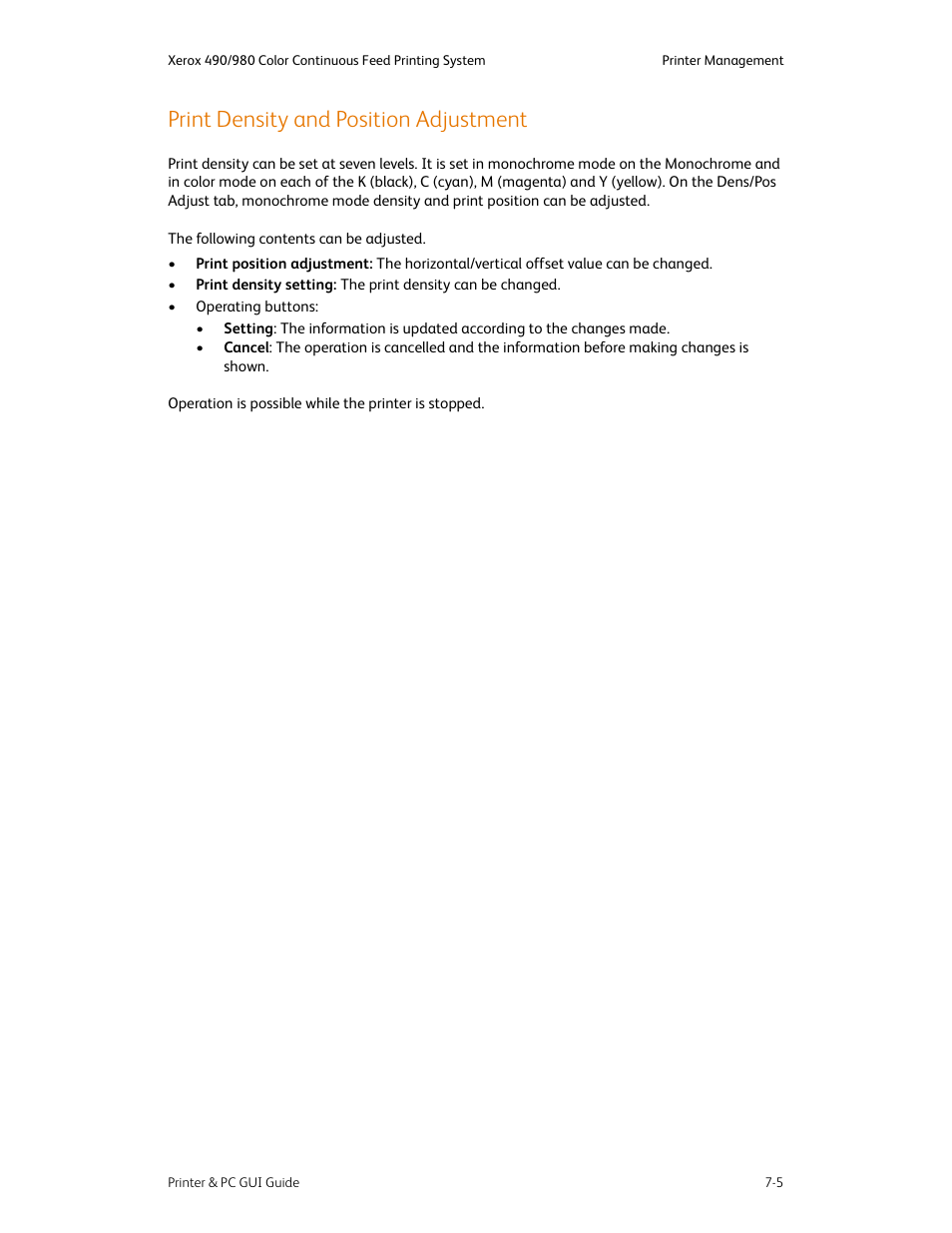Print density and position adjustment, Print density and position adjustment -5 | Xerox 490 User Manual | Page 95 / 262