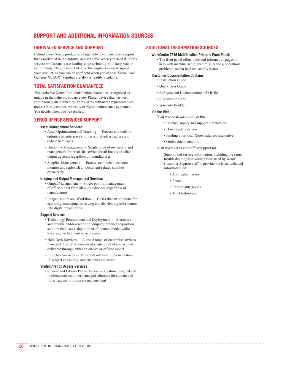 Support and additional information sources | Xerox 7346 User Manual | Page 22 / 24