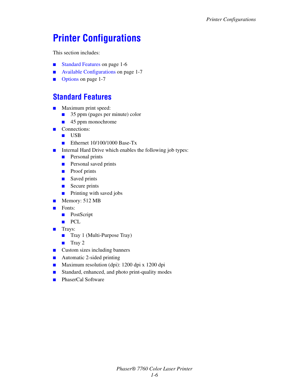 Printer configurations, Standard features, Printer configurations -6 | Standard features -6 | Xerox 7760 User Manual | Page 12 / 158