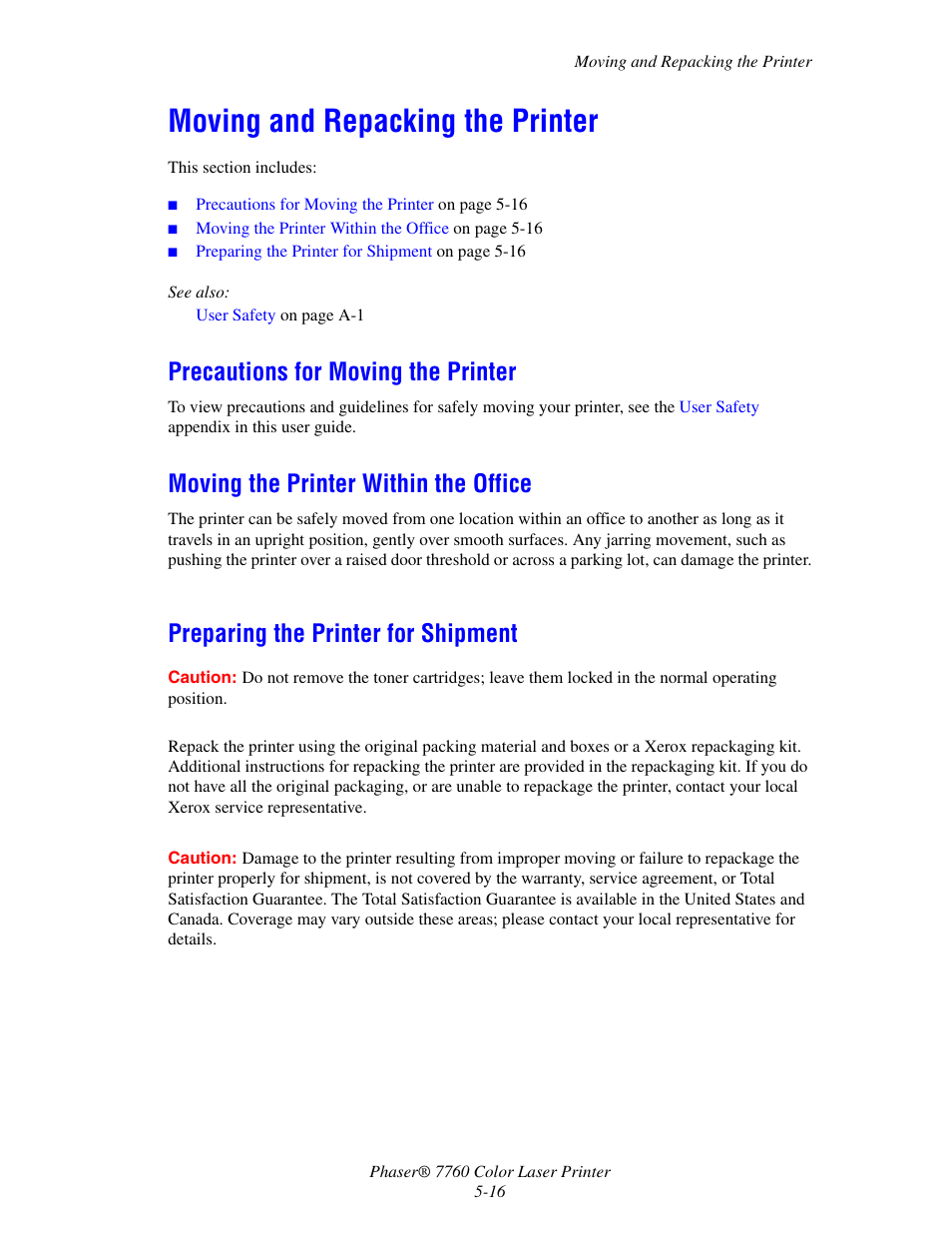 Moving and repacking the printer, Precautions for moving the printer, Moving the printer within the office | Preparing the printer for shipment, Moving and repacking the printer -16 | Xerox 7760 User Manual | Page 120 / 158
