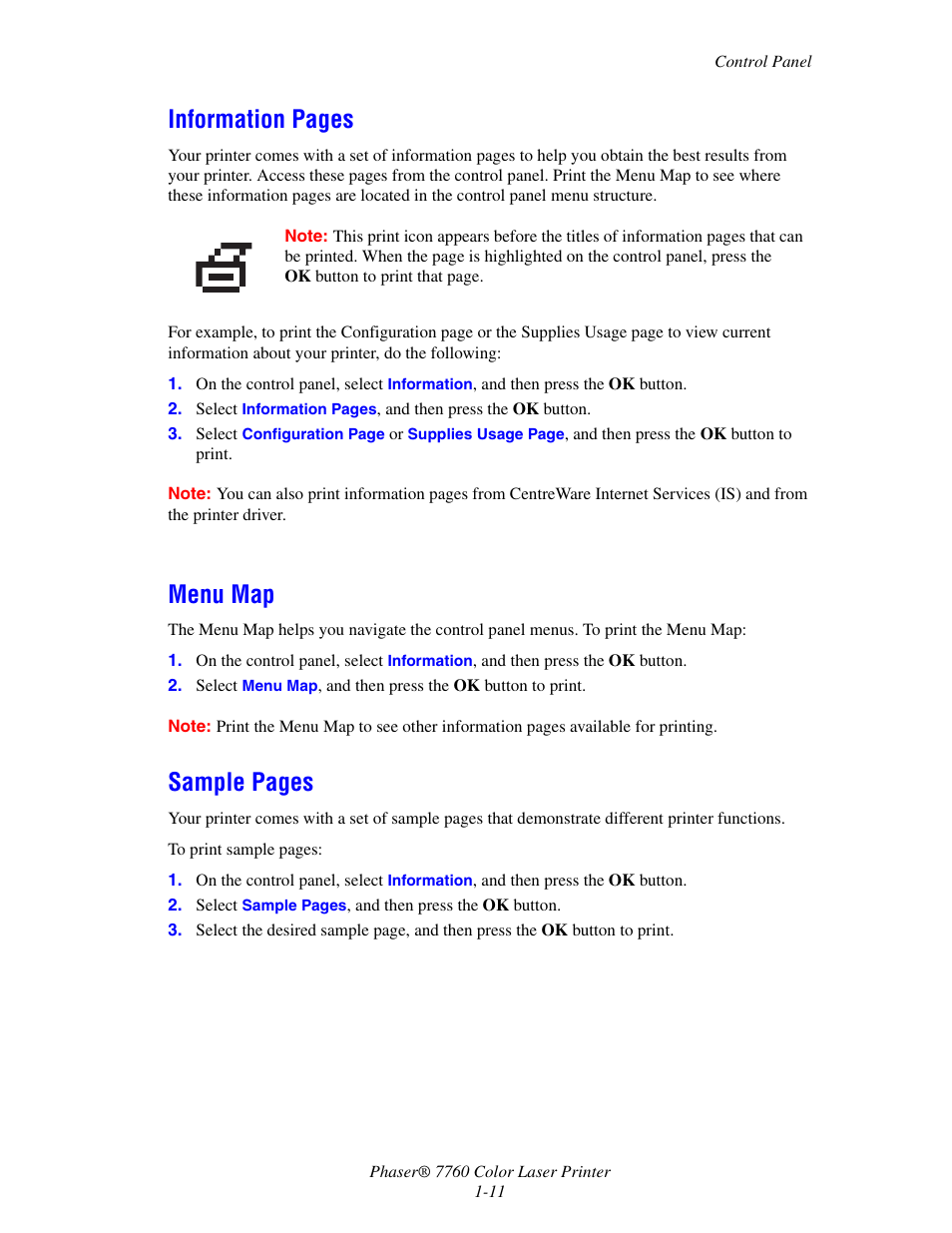 Menu map, Information pages, Sample pages | Xerox 7760 User Manual | Page 17 / 158