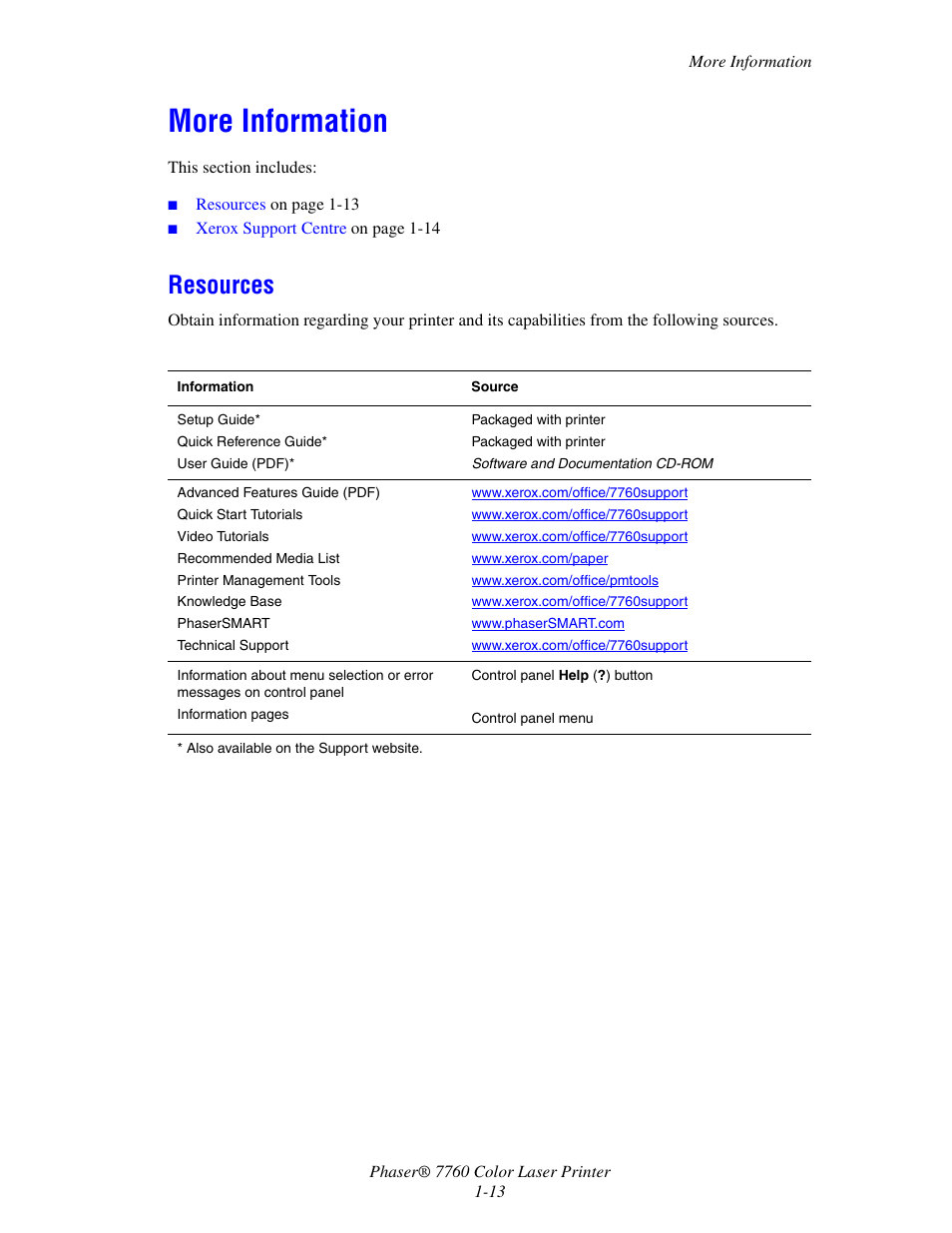 More information, Resources, More information -13 | Resources -13 | Xerox 7760 User Manual | Page 19 / 158