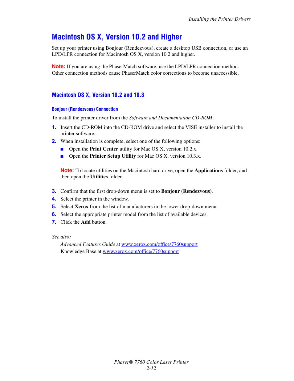 Macintosh os x, version 10.2 and higher, Macintosh os x, version 10.2 and higher -12 | Xerox 7760 User Manual | Page 32 / 158