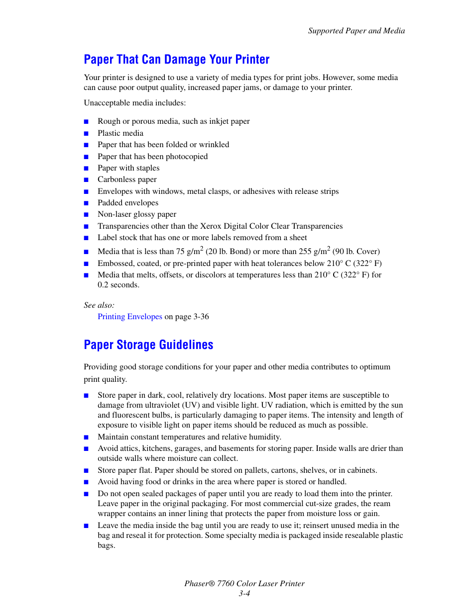 Paper that can damage your printer, Paper storage guidelines | Xerox 7760 User Manual | Page 39 / 158