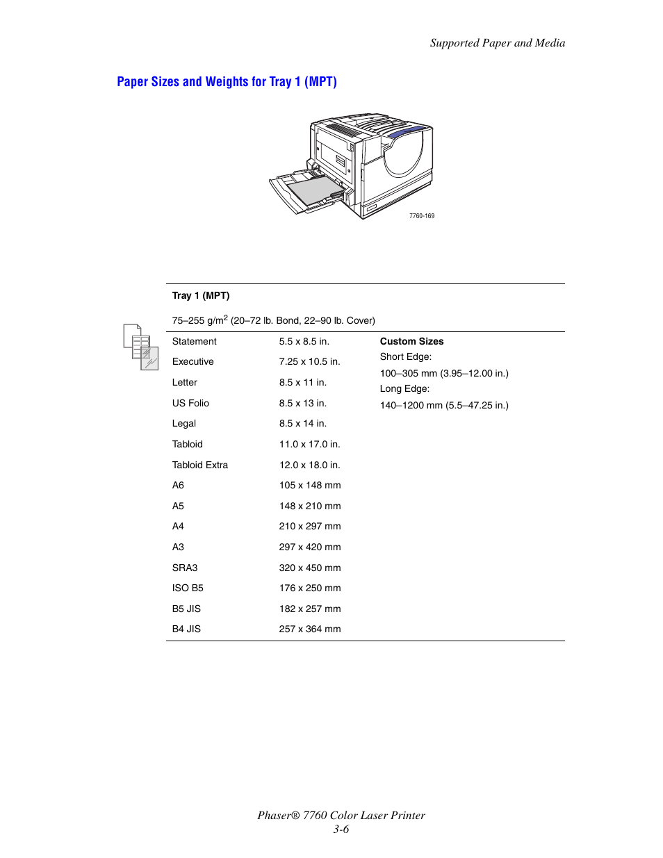 Paper sizes and weights for tray 1 (mpt) | Xerox 7760 User Manual | Page 41 / 158