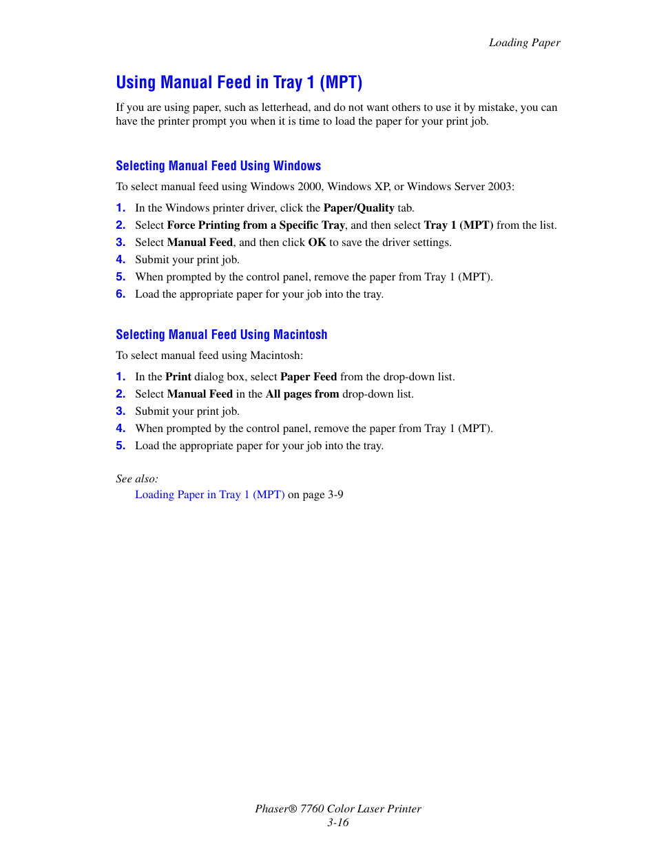 Using manual feed in tray 1 (mpt), Using manual feed in tray 1 (mpt) -16 | Xerox 7760 User Manual | Page 51 / 158