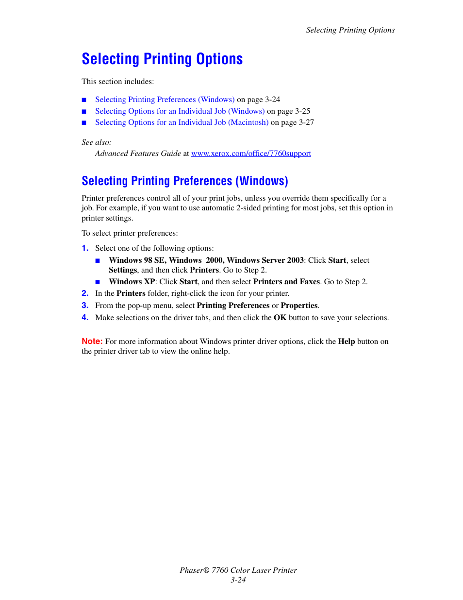 Selecting printing options, Selecting printing preferences (windows), Selecting printing options -24 | Selecting printing preferences (windows) -24 | Xerox 7760 User Manual | Page 59 / 158