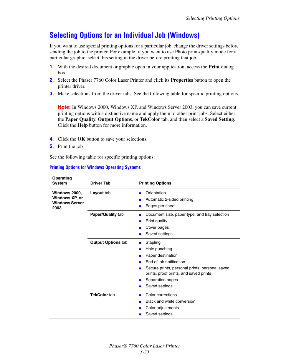 Selecting options for an individual job (windows) | Xerox 7760 User Manual | Page 60 / 158