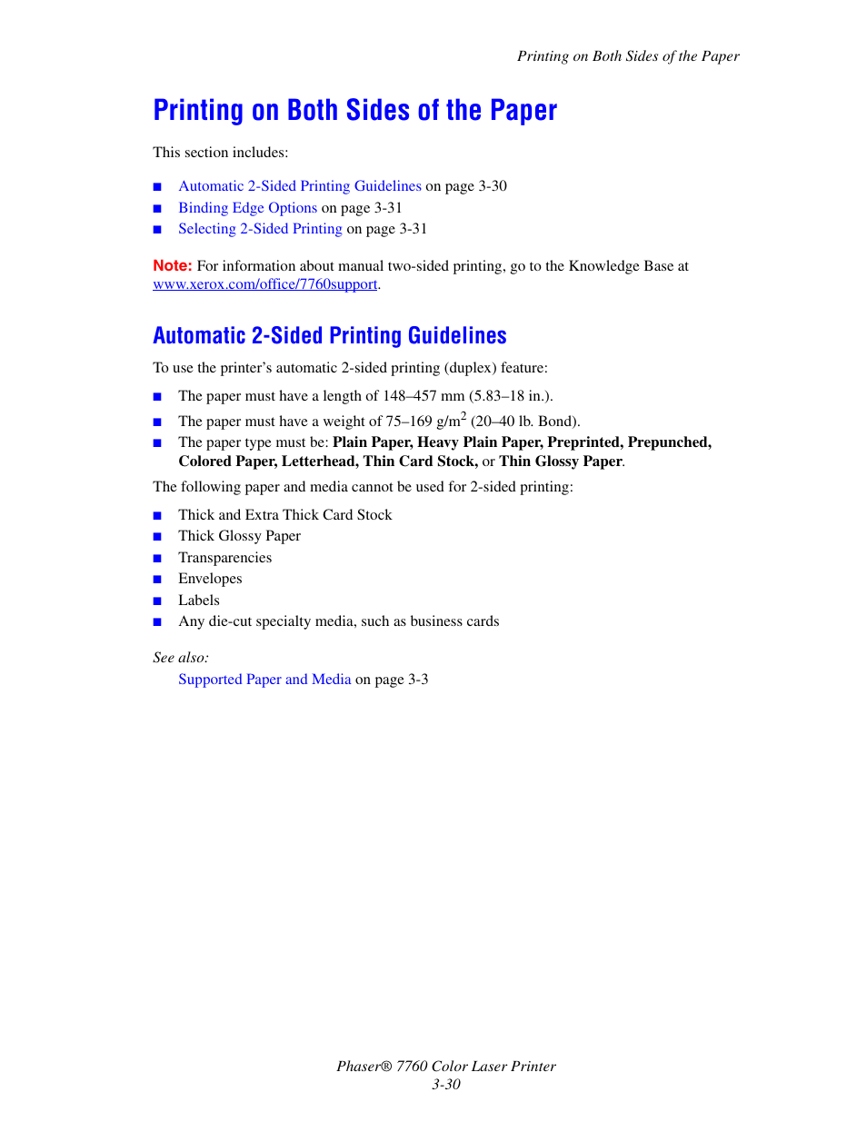 Printing on both sides of the paper, Automatic 2-sided printing guidelines, Printing on both sides of the paper -30 | Automatic 2-sided printing guidelines -30 | Xerox 7760 User Manual | Page 65 / 158