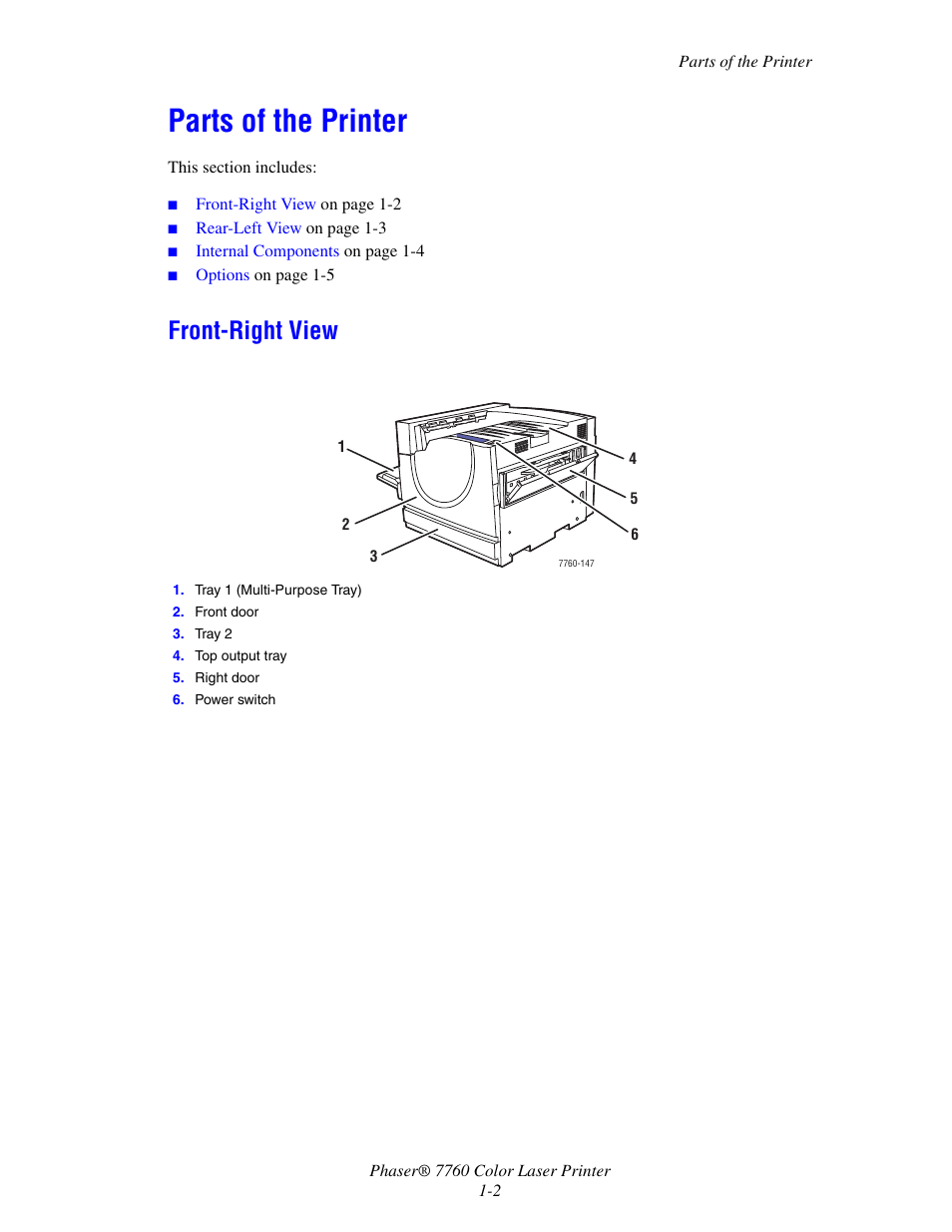 Parts of the printer, Front-right view, Parts of the printer -2 | Front-right view -2 | Xerox 7760 User Manual | Page 8 / 158