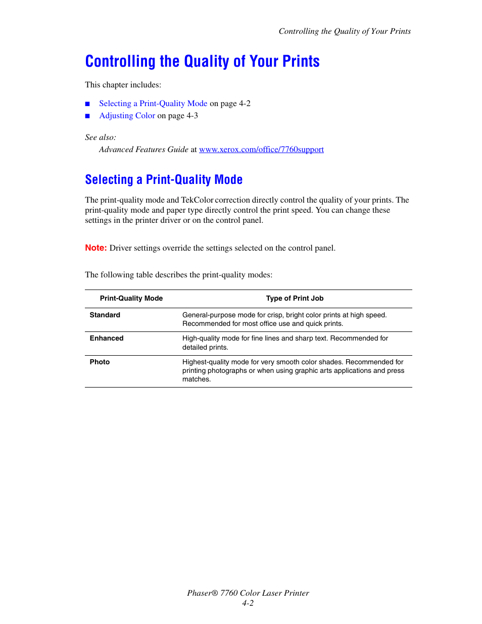 Controlling the quality of your prints, Selecting a print-quality mode, Controlling the quality of your prints -2 | Selecting a print-quality mode -2 | Xerox 7760 User Manual | Page 89 / 158