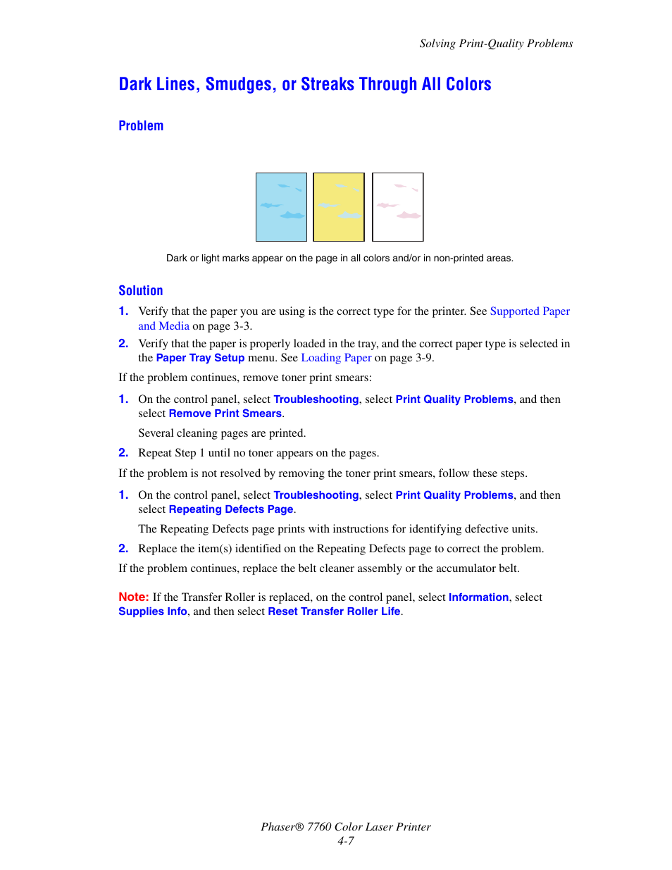 Dark lines, smudges, or streaks through all colors | Xerox 7760 User Manual | Page 94 / 158
