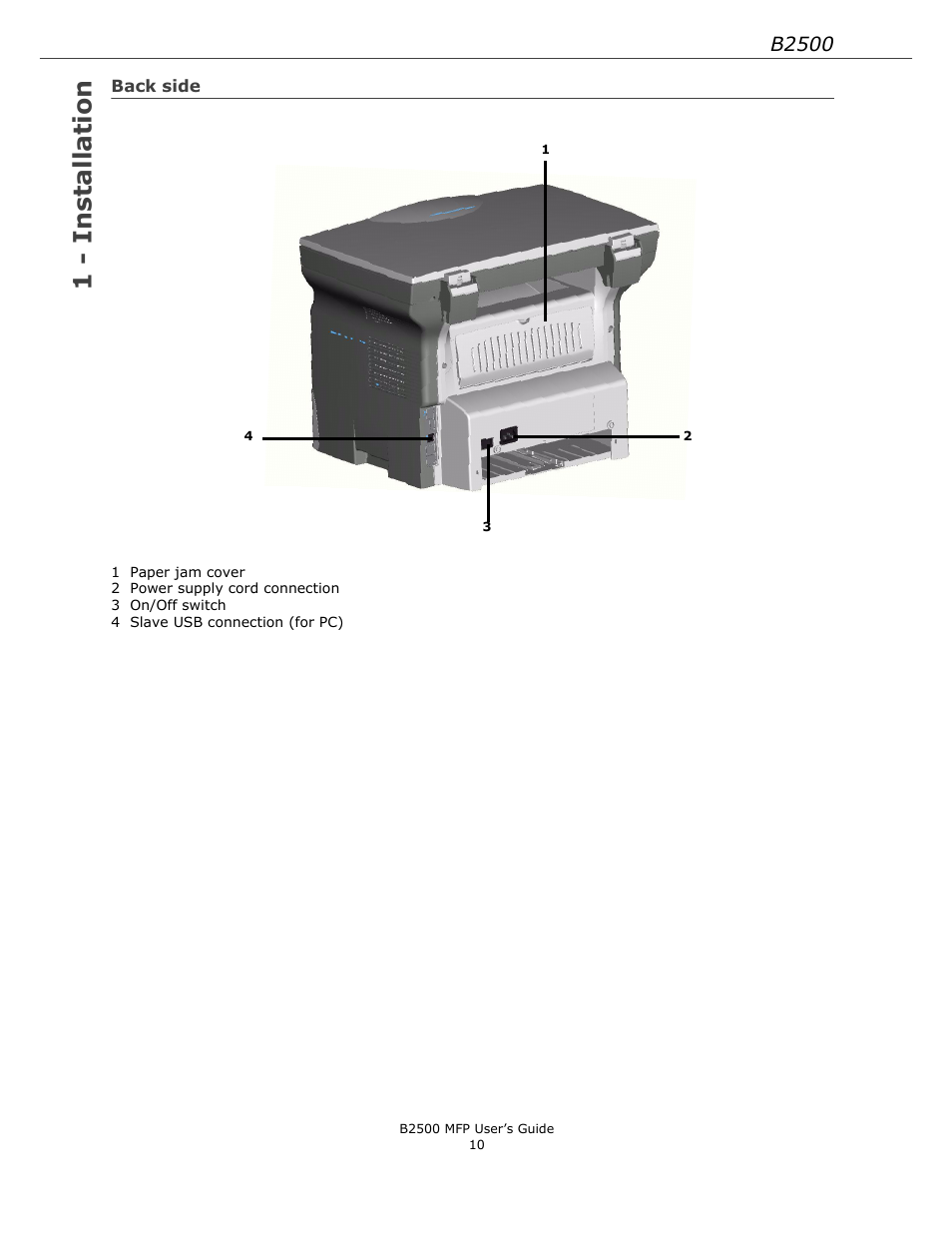 Back side, 1 - installation, B2500 | Xerox B2500 MFP User Manual | Page 10 / 42