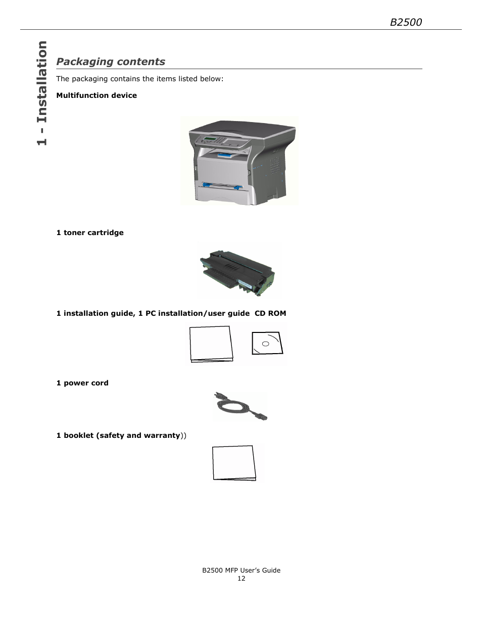 Packaging contents, 1 - installation, B2500 | Xerox B2500 MFP User Manual | Page 12 / 42