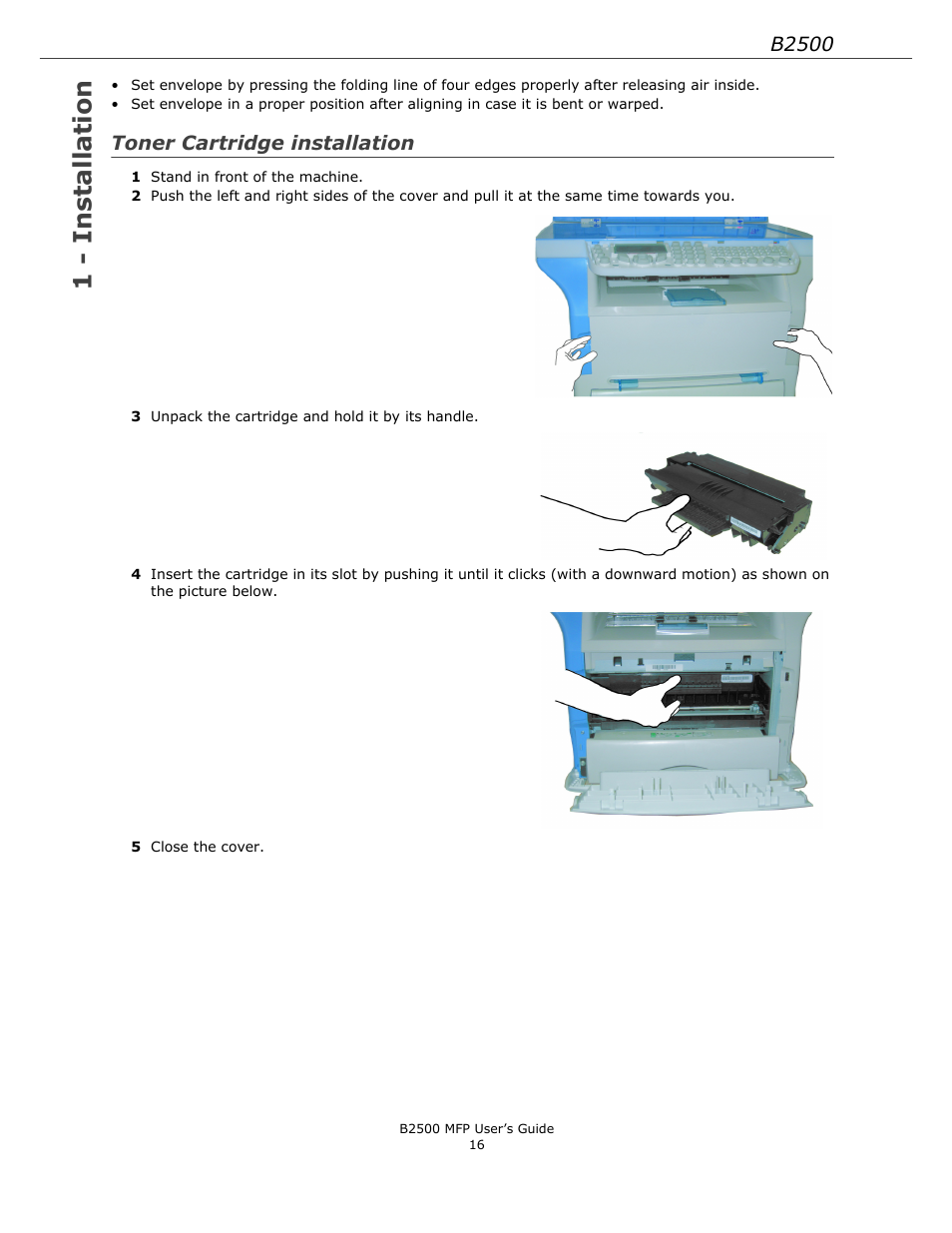 Toner cartridge installation, 1 - installation, B2500 | Xerox B2500 MFP User Manual | Page 16 / 42