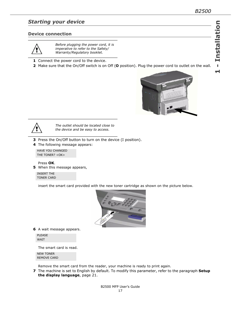 Starting your device, Device connection, 1 - installation | B2500 | Xerox B2500 MFP User Manual | Page 17 / 42