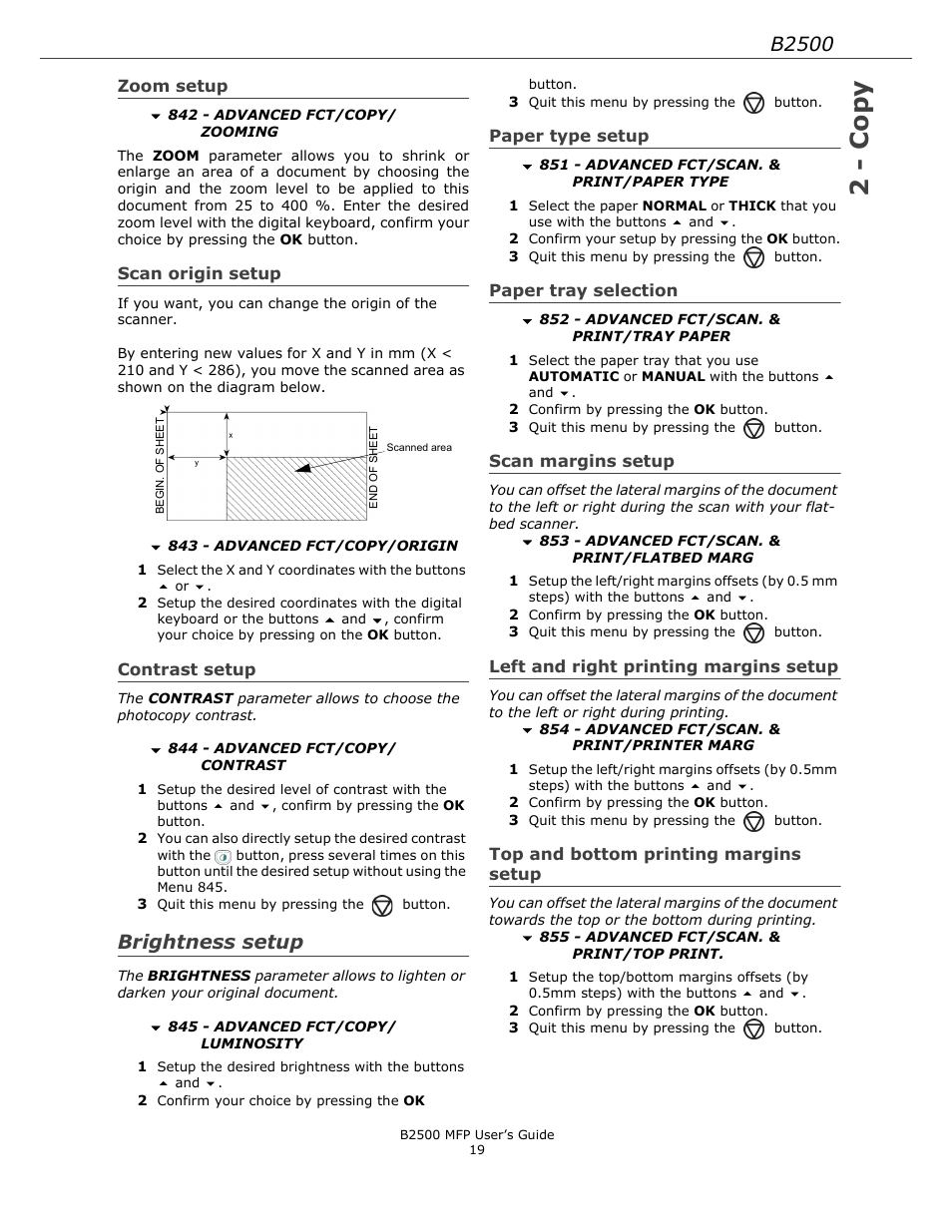 Zoom setup, Scan origin setup, Contrast setup | Brightness setup, Paper type setup, Paper tray selection, Scan margins setup, Left and right printing margins setup, Top and bottom printing margins setup, Top and bottom printing margins setup 19 | Xerox B2500 MFP User Manual | Page 19 / 42
