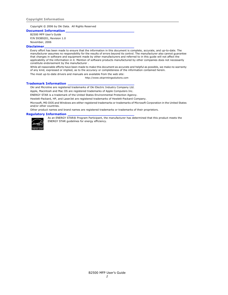 Copyright information, Document information, Disclaimer | Trademark information, Regulatory information | Xerox B2500 MFP User Manual | Page 2 / 42