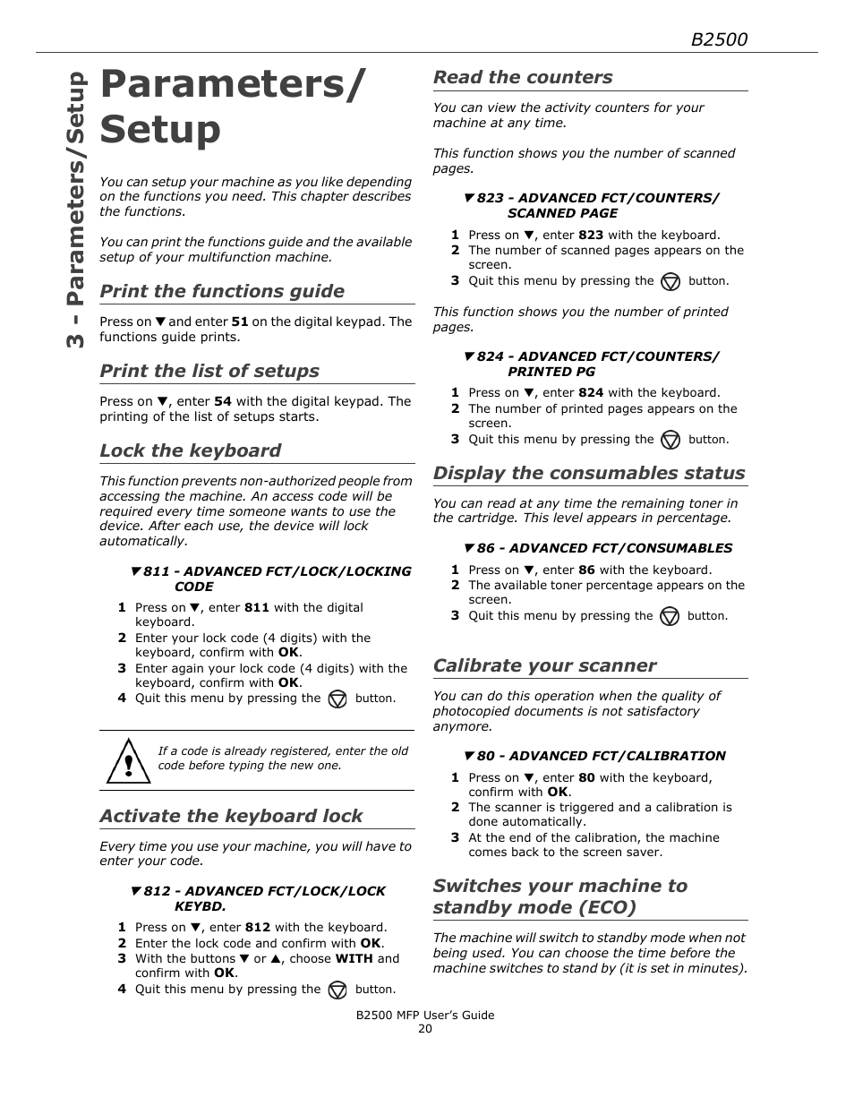 Parameters/ setup, Print the functions guide, Print the list of setups | Lock the keyboard, Activate the keyboard lock, Read the counters, Display the consumables status, Calibrate your scanner, Switches your machine to standby mode (eco), Parameters/setup | Xerox B2500 MFP User Manual | Page 20 / 42
