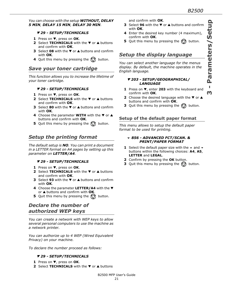 Save your toner cartridge, Setup the printing format, Declare the number of authorized wep keys | Setup the display language, Setup of the default paper format, Declare the number of authorized wep keys 21, 3 - parameters/setup, B2500 | Xerox B2500 MFP User Manual | Page 21 / 42