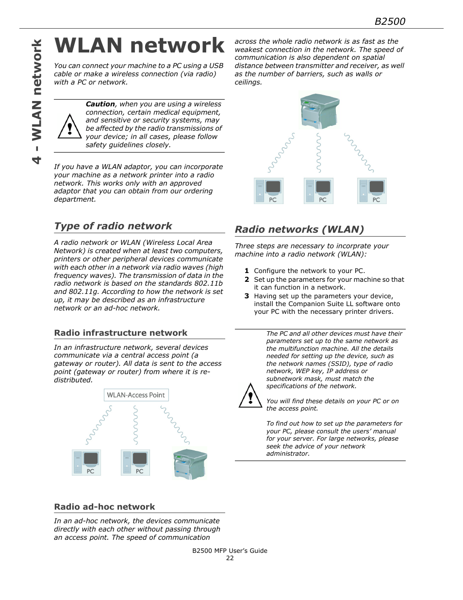 Wlan network, Type of radio network, Radio infrastructure network | Radio ad-hoc network, Radio networks (wlan), 4 - wlan network, B2500 | Xerox B2500 MFP User Manual | Page 22 / 42