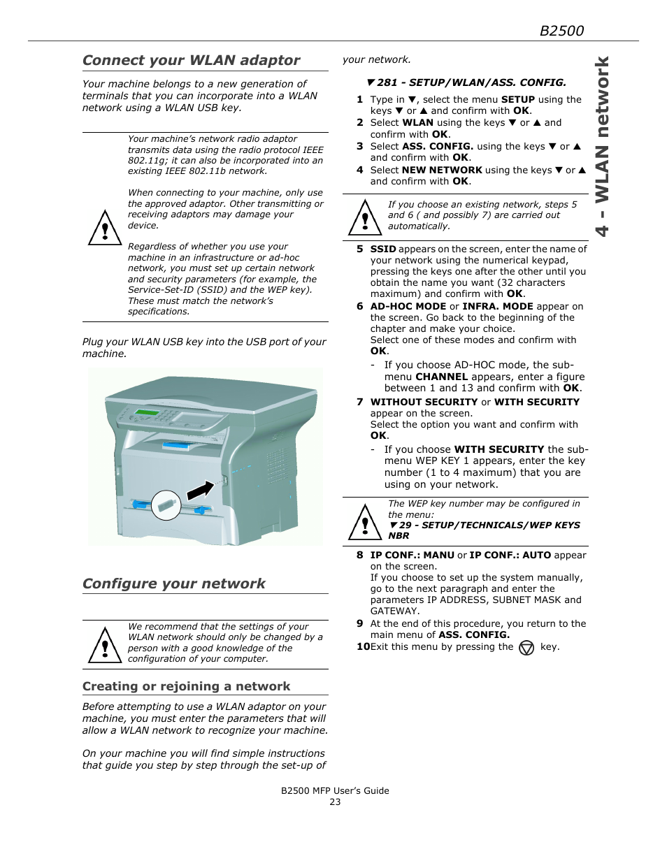 Connect your wlan adaptor, Configure your network, Creating or rejoining a network | 4 - wlan network, B2500 | Xerox B2500 MFP User Manual | Page 23 / 42
