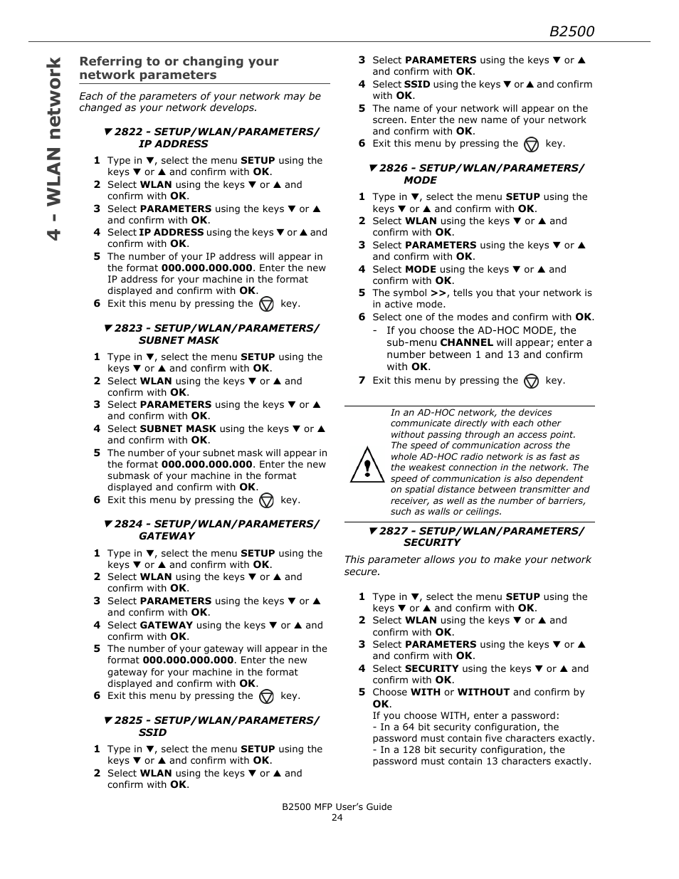 Referring to or changing your network parameters, Referring to or changing your, Network parameters | 4 - wlan network, B2500 | Xerox B2500 MFP User Manual | Page 24 / 42