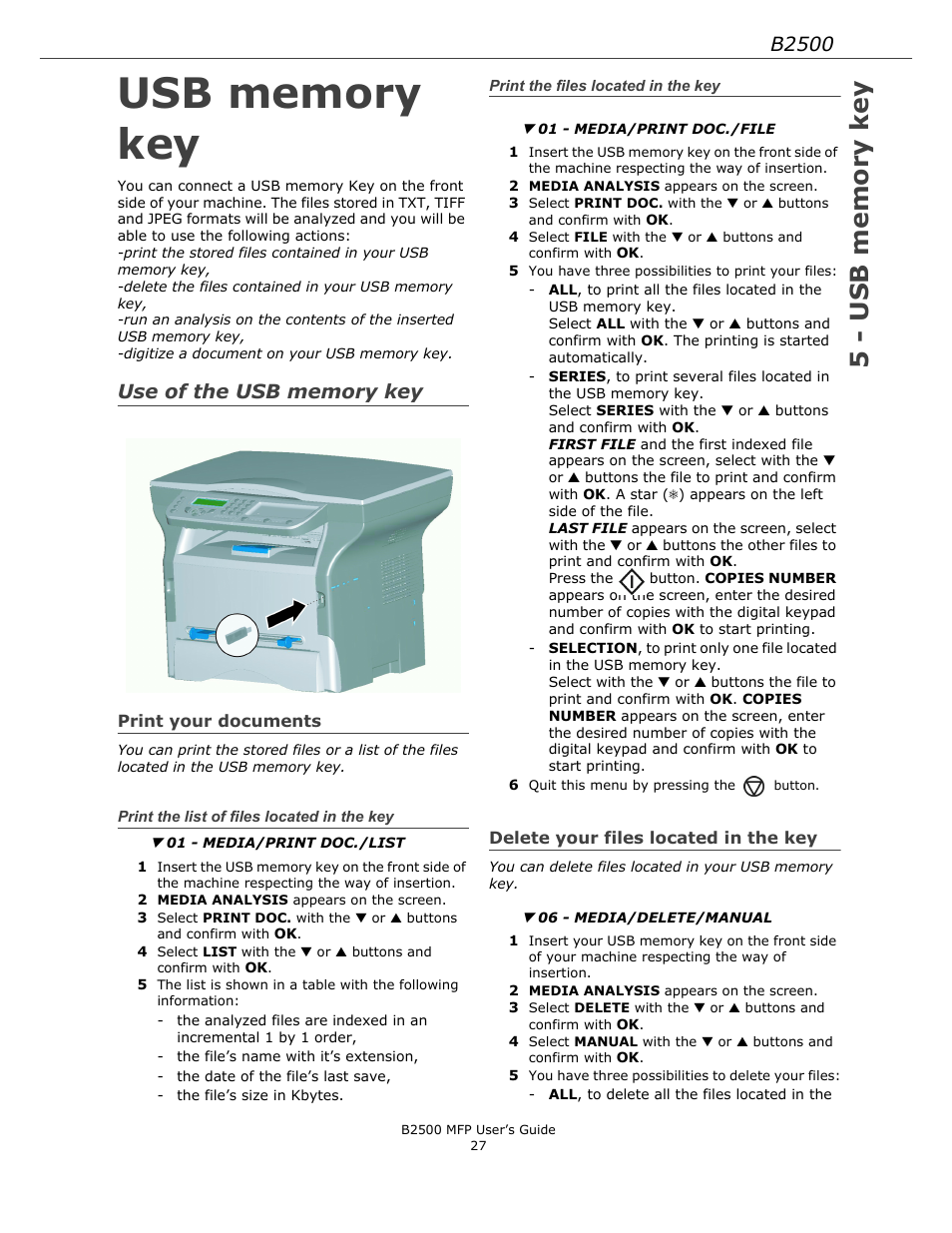 Usb memory key, Use of the usb memory key, Print your documents | Print the list of files located in the key, Print the files located in the key, Delete your files located in the key, Print the list of files located in the, B2500 | Xerox B2500 MFP User Manual | Page 27 / 42