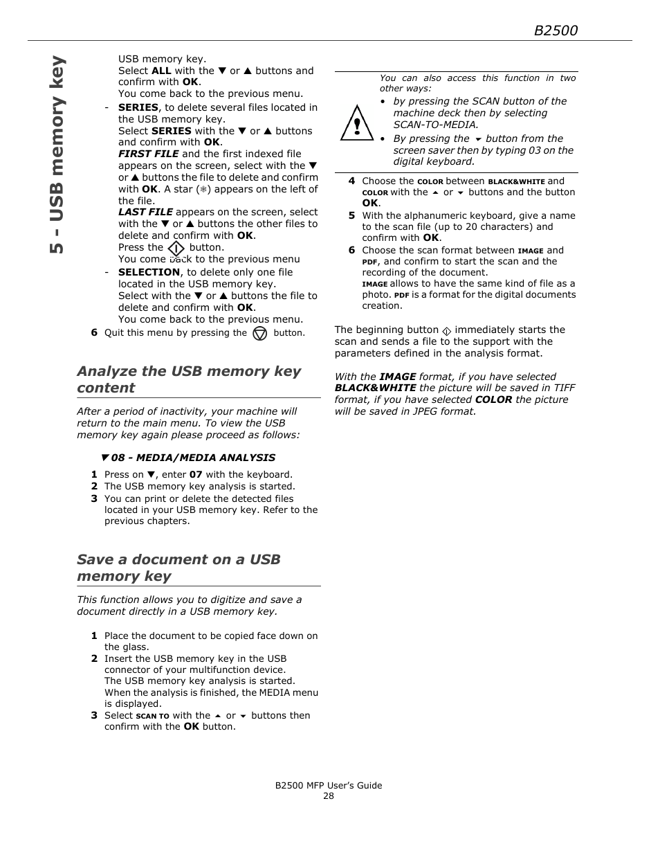 Analyze the usb memory key content, Save a document on a usb memory key, B2500 | Xerox B2500 MFP User Manual | Page 28 / 42