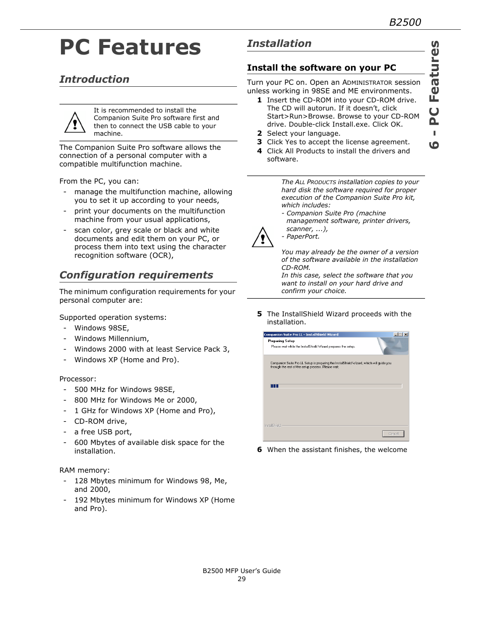 Pc features, Introduction, Configuration requirements | Installation, Install the software on your pc, 6 - pc features, B2500 | Xerox B2500 MFP User Manual | Page 29 / 42