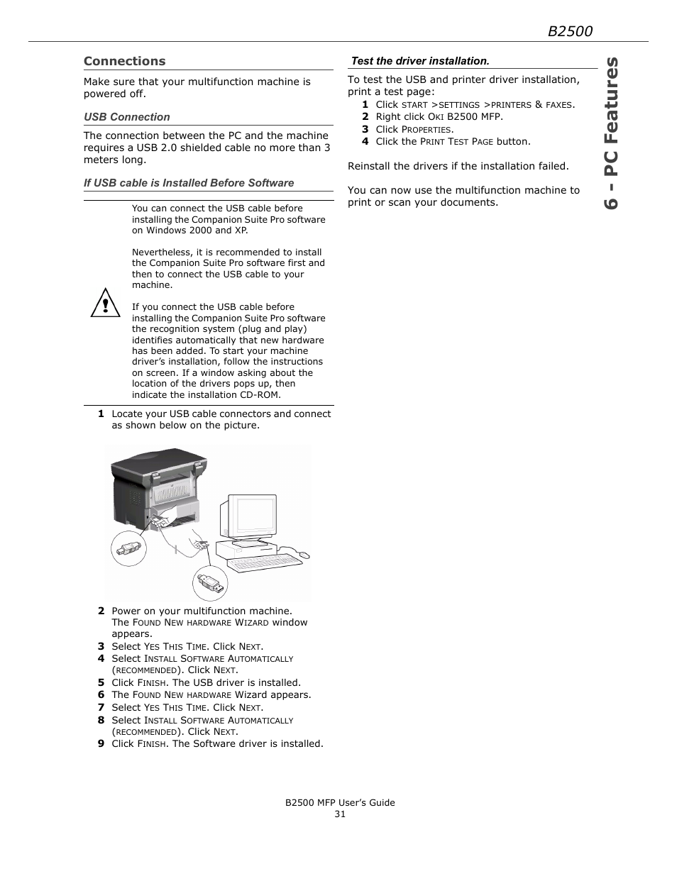 Connections, Usb connection, If usb cable is installed before software | Test the driver installation, If usb cable is installed before, Software, 6 - pc features, B2500 | Xerox B2500 MFP User Manual | Page 31 / 42