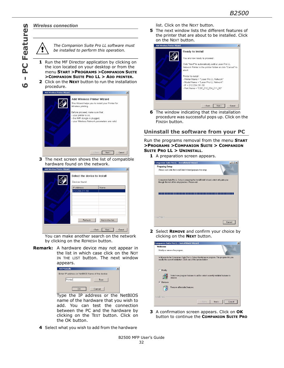 Wireless connection, Uninstall the software from your pc, 6 - pc features | B2500 | Xerox B2500 MFP User Manual | Page 32 / 42