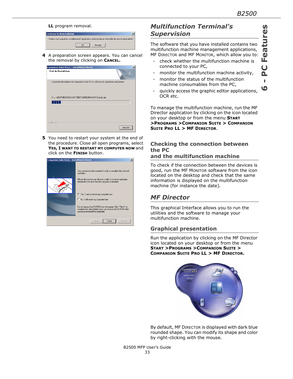 Multifunction terminal's supervision, Mf director, Graphical presentation | Checking the connection between the pc, And the multifunction machine, 6 - pc features, B2500 | Xerox B2500 MFP User Manual | Page 33 / 42