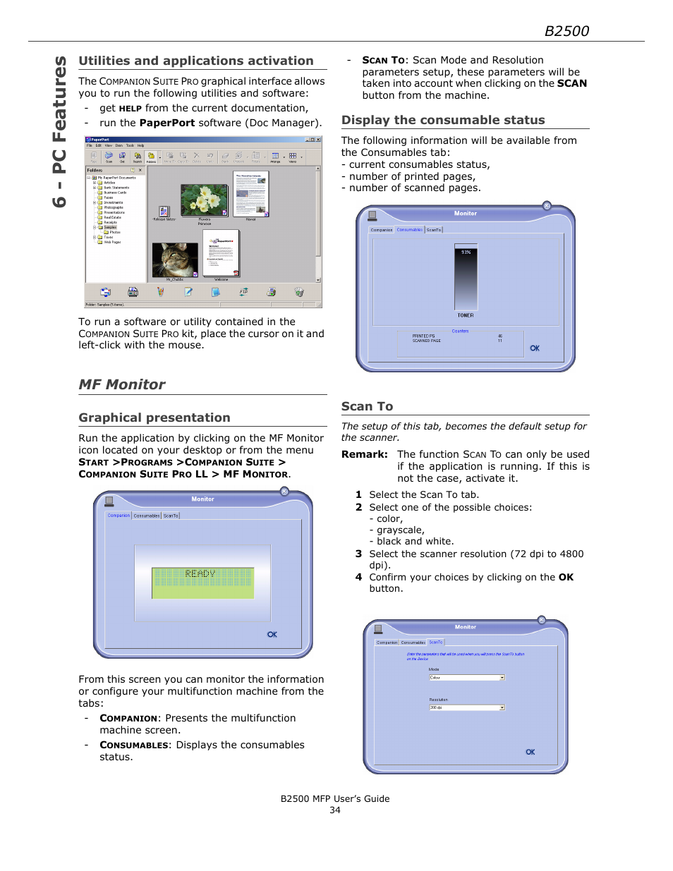 Utilities and applications activation, Mf monitor, Graphical presentation | Display the consumable status, Scan to, 6 - pc features, B2500 | Xerox B2500 MFP User Manual | Page 34 / 42